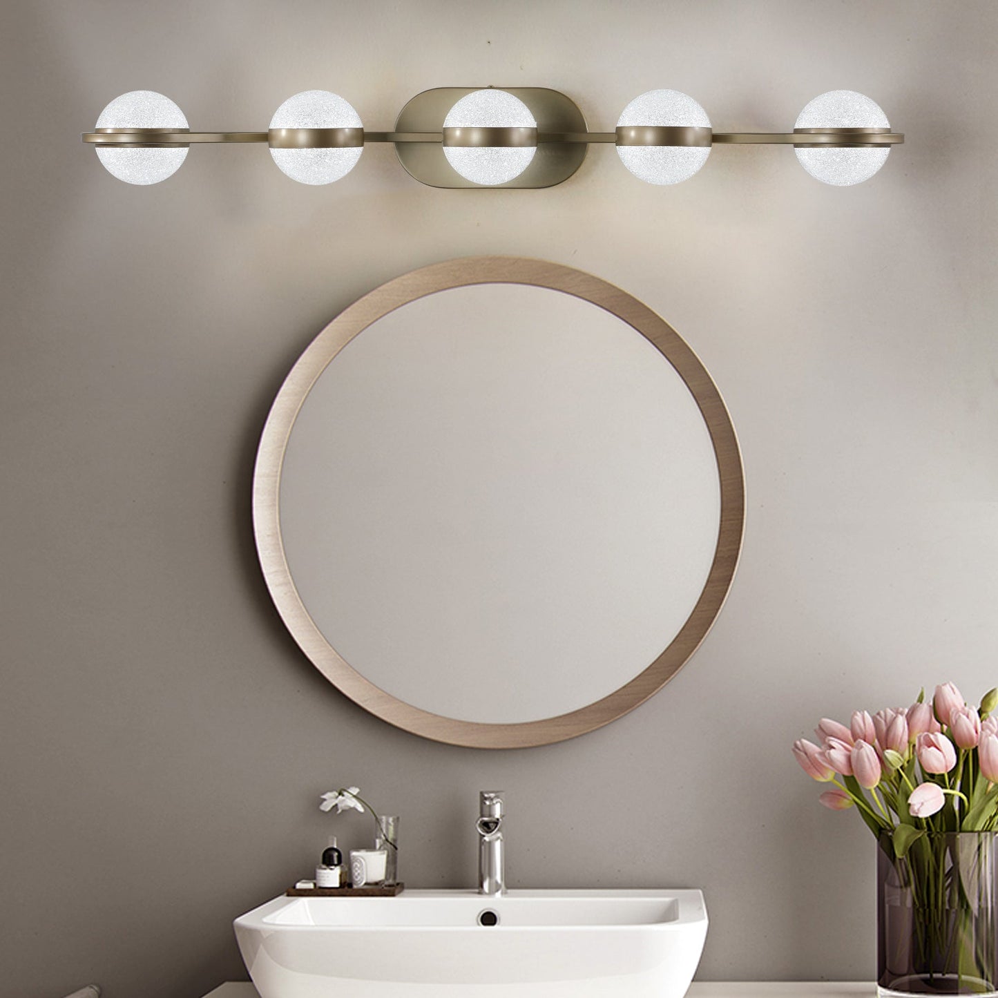 Modern Minimalist Bathroom Vanity Light, LED 5 Bulb Frosted Glass