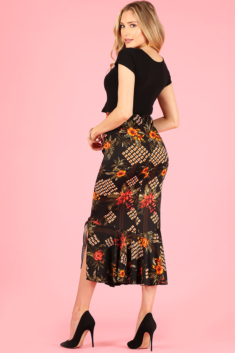 High Waist Print Midi Skirt with Mermaid bottom