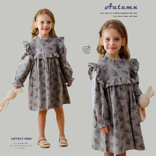 Arrival Autumn Girls French Style Ruffle Neck Long Sleeves Floral